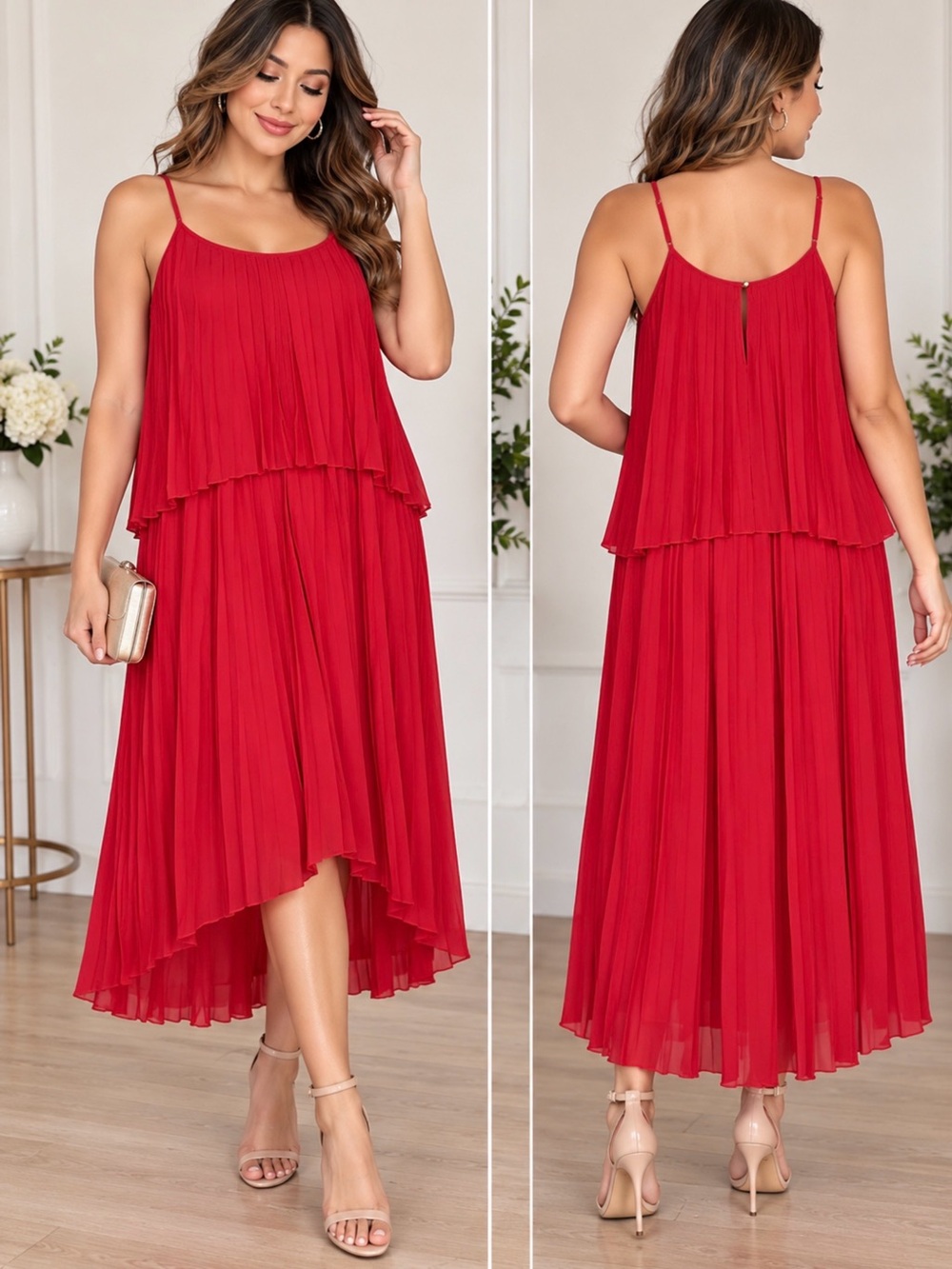 Express Red Pleated Midi Dress Size M Spaghetti Strap Layered Flowy